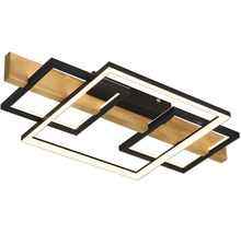 Moderne LED-Deckenleuchte mit zwei sich überkreuzenden rechteckigen Metallrahmen und einem Balken aus Holz.
