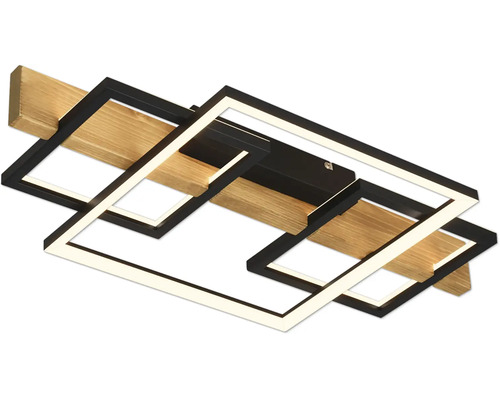 Moderne LED-Deckenleuchte mit zwei sich überkreuzenden rechteckigen Metallrahmen und einem Balken aus Holz.
