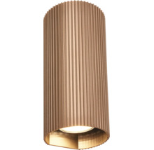 Zylindrische Außenwandleuchte mit geriffelter Oberfläche in Bronze-Optik, Lichtaustritt nach unten.