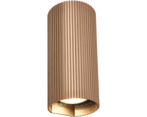 Zylindrische Außenwandleuchte mit geriffelter Oberfläche in Bronze-Optik, Lichtaustritt nach unten.