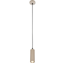 Pendelleuchte mit zylindrischem, geripptem Schirm, schwarzem Kabel und runder Deckenrosette.