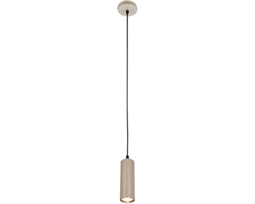 Pendelleuchte mit zylindrischem, geripptem Schirm, schwarzem Kabel und runder Deckenrosette.