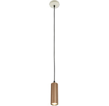 Pendelleuchte mit geriffeltem, zylindrischem Metallschirm in Kupferoptik, langem schwarzem Kabel und rundem weißem Baldachin.