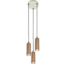 3-flammige Pendelleuchte mit zylindrischen, geriffelten Metallschirmen in Bronze-Optik und runder Deckenhalterung.