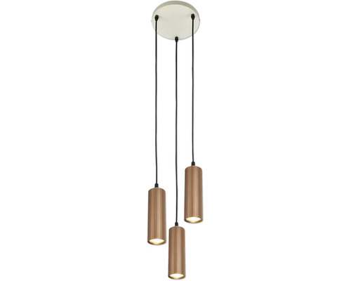 3-flammige Pendelleuchte mit zylindrischen, geriffelten Metallschirmen in Bronze-Optik und runder Deckenhalterung.