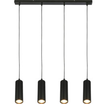 Vierflammige schwarze Pendelleuchte mit zylindrischen, geriffelten Lampenschirmen.
