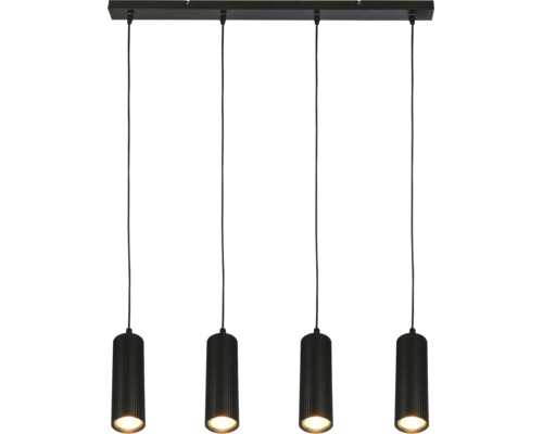 Vierflammige schwarze Pendelleuchte mit zylindrischen, geriffelten Lampenschirmen.