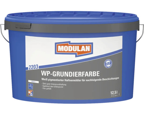Modulan 2203 WP-Grundierfarbe, weiß pigmentierter Haftvermittler, 12,5 Liter, emissionsarm und lösemittelfrei, reicht für circa 63 Quadratmeter.