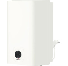 Stiebel Eltron Kleinspeicher, weißer Warmwasserspeicher mit schwarzem Temperaturregler und Netzkabel mit Stecker.