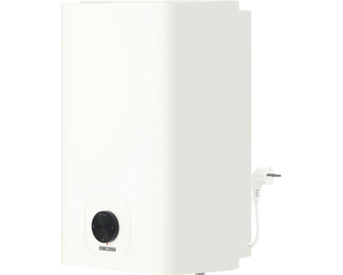 Stiebel Eltron Kleinspeicher, weißer Warmwasserspeicher mit schwarzem Temperaturregler und Netzkabel mit Stecker.