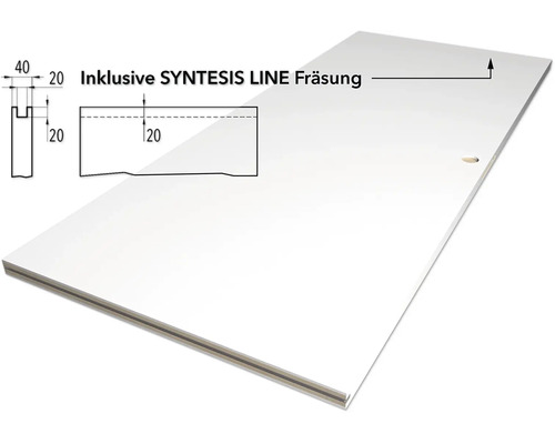 Türblatt inklusive SYNTESIS LINE Fräsung mit technischen Zeichnungen und Maßangaben für die Nut.