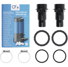 Pool Filter-Set Safe Flow One mit CF Logo auf der Montageanleitung, Schlauchanschlüssen, Dichtungsringen, O-Ringen und Schlauchschellen.