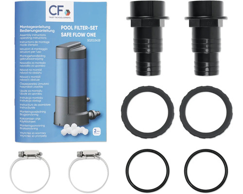 Pool Filter-Set Safe Flow One mit CF Logo auf der Montageanleitung, Schlauchanschlüssen, Dichtungsringen, O-Ringen und Schlauchschellen.
