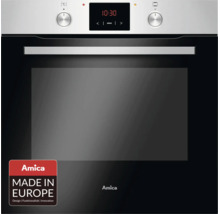 Einbau-Backofen von Amica aus Edelstahl und Glas mit digitalem Display, zwei Drehreglern und dem Siegel Hergestellt in Europa.