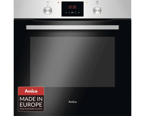 Einbau-Backofen von Amica aus Edelstahl und Glas mit digitalem Display, zwei Drehreglern und dem Siegel Hergestellt in Europa.