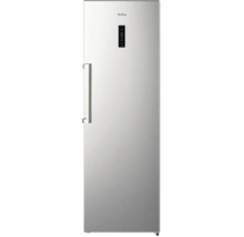 Amica Kühlschrank in Edelstahl-Optik mit vertikalem Griff, Amica Logo und digitalem Display an der Front.