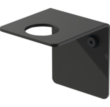 Schwarze Wandhalterung aus Metall mit runder Aussparung für Seifenspender oder Bad-Accessoires.