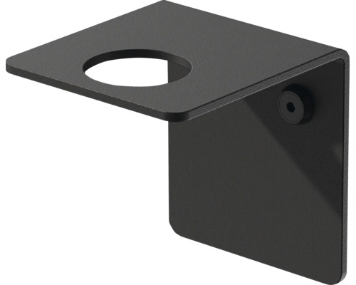 Schwarze Wandhalterung aus Metall mit runder Aussparung für Seifenspender oder Bad-Accessoires.