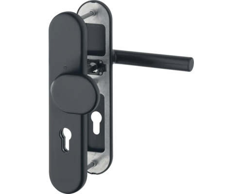 Schutzbeschlag mit Türdrücker, feststehendem Knopf und Langschild für Profilzylinder, Schwarz matt.