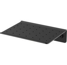 Schwarze Duschablage aus Metall mit Löchern für den Wasserabfluss zur Wandmontage.