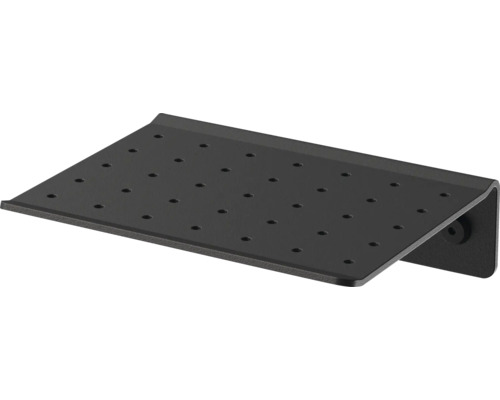 Schwarze Duschablage aus Metall mit Löchern für den Wasserabfluss zur Wandmontage.