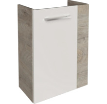 Badezimmer-Waschbeckenunterschrank mit weißer Front, Seitenwänden in Holzoptik und einem silberfarbenen Griff.