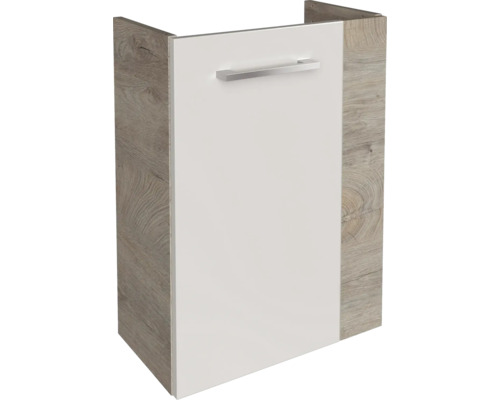 Badezimmer-Waschbeckenunterschrank mit weißer Front, Seitenwänden in Holzoptik und einem silberfarbenen Griff.