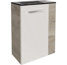 Gäste-Waschbeckenunterschrank mit weißer Front, Seitenteilen in Holzoptik, silbernem Griff und integriertem schwarzen Waschbecken.