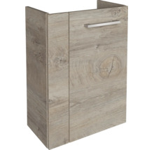 Waschbeckenunterschrank in Holzoptik mit einem horizontalen silberfarbenen Griff und sichtbarer Holzmaserung.