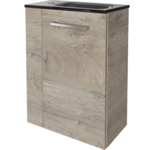 Waschtischunterschrank in Eichenoptik mit schwarzem Waschbecken und einem Metallgriff.