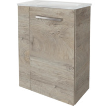 Waschtischunterschrank in Holzoptik mit weißem Waschbecken und Metallgriff.