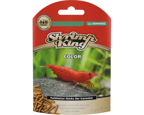Dennerle Shrimp King Color Farbfutter, 45 Gramm, natürliche Zutaten, ohne künstliche Zusätze, hergestellt in Deutschland. Dennerle Logo.