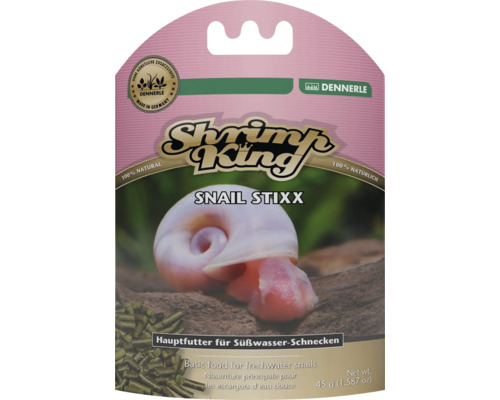 Dennerle Shrimp King Snail Stixx, Hauptfutter für Süßwasser-Schnecken, 45 Gramm, 100 Prozent natürlich, ohne künstliche Zusatzstoffe. Dennerle Logo.