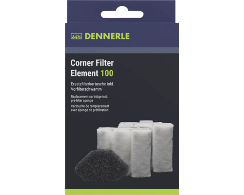 Dennerle Logo, Corner Filter Element 100 Verpackung inklusive Ersatzfilterkartusche und Vorfilterschwamm für Aquarienfilter.
