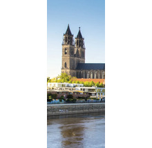 Blick auf den Magdeburger Dom hinter modernen Wohngebäuden am Flussufer der Elbe.