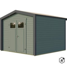 Gartenhaus aus Holz mit Doppeltür und Fenstern, modernes Design für den Außenbereich. (Image AI modified or generated)