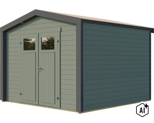 Gartenhaus aus Holz mit Doppeltür und Fenstern, modernes Design für den Außenbereich. (Image AI modified or generated)