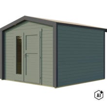 Gartenhaus aus Holz mit Satteldach und zwei Türen mit Glaseinsatz. (Image AI modified or generated)