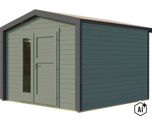 Gartenhaus aus Holz mit Satteldach und zwei Türen mit Glaseinsatz. (Image AI modified or generated)