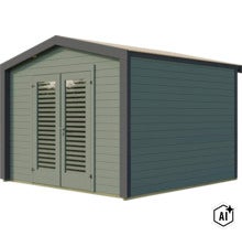 Gartenhaus aus Holz mit Satteldach und Doppelflügeltür mit Lamellenfenstern (Image AI modified or generated)