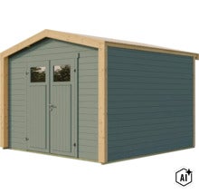 Gartenhaus aus Holz mit Doppeltür und Fenstereinsätzen im Satteldachdesign (Image AI modified or generated)