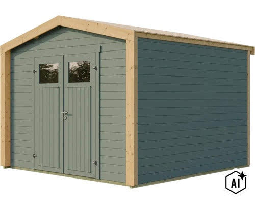 Gartenhaus aus Holz mit Doppeltür und Fenstereinsätzen im Satteldachdesign (Image AI modified or generated)