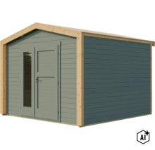 Modernes Gartenhaus aus Holz mit Satteldach und Flügeltür mit Glaseinsatz zur Aufbewahrung von Gartengeräten. (Image AI modified or generated)