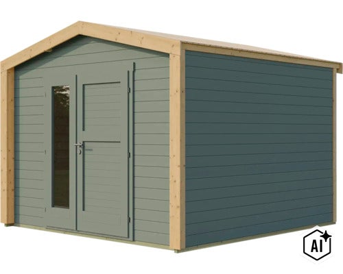 Modernes Gartenhaus aus Holz mit Satteldach und Flügeltür mit Glaseinsatz zur Aufbewahrung von Gartengeräten. (Image AI modified or generated)