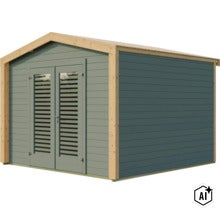 Modernes Gartenhaus aus Holz mit Doppeltür und Lamellenfenstern (Image AI modified or generated)