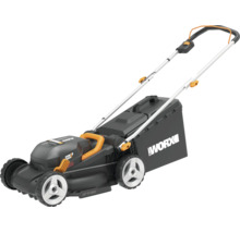 Worx Akku-Rasenmäher in Schwarz und Orange mit 40 Volt, Power Share Akkusystem und Grasfangkorb.