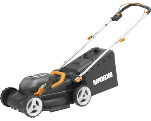 Worx Akku-Rasenmäher in Schwarz und Orange mit 40 Volt, Power Share Akkusystem und Grasfangkorb.