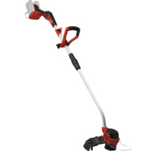 Einhell Akku-Rasentrimmer mit verstellbarem Zusatzhandgriff, zwei Akku-Steckplätzen und Pflanzenschutzbügel am Schneidkopf.