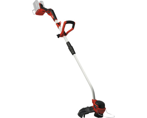 Einhell Akku-Rasentrimmer mit verstellbarem Zusatzhandgriff, zwei Akku-Steckplätzen und Pflanzenschutzbügel am Schneidkopf.