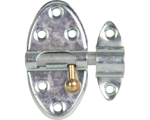 Bolzenriegel aus verzinktem Stahl mit ovalen Grundplatten und einem Griff aus Messing zur Verriegelung von Türen oder Toren.
